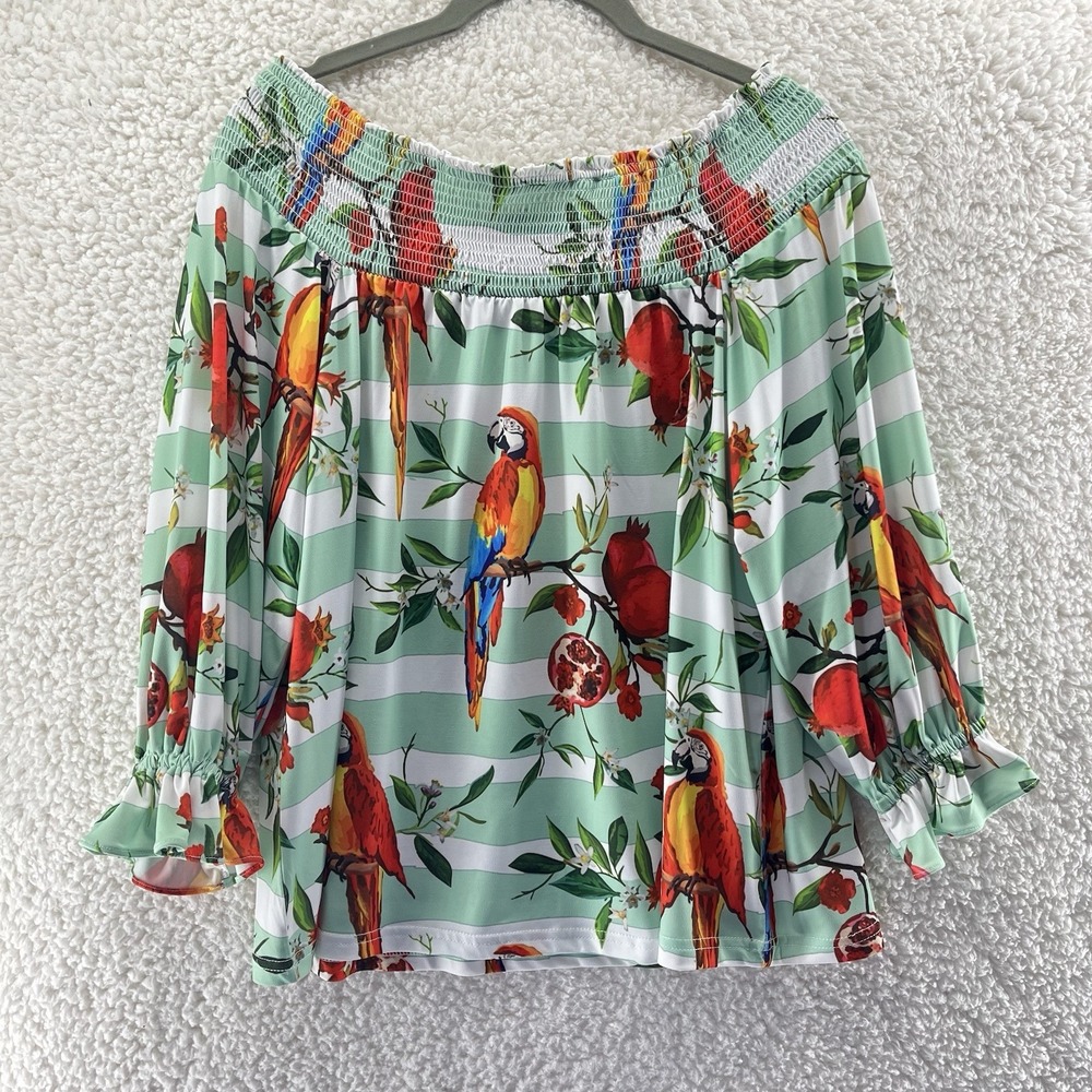 BOSTON PROPER Women's Small Striped Off Shoulder Boho Blouse Tropical Resortwear